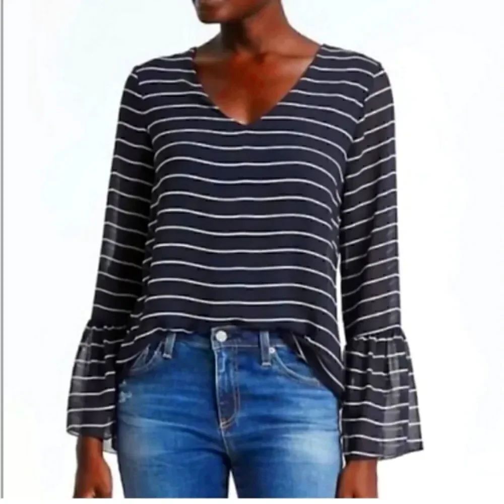 Banana Republic V Neck Navy and White Striped Blouse with Sheer Bell Sleeves XSM